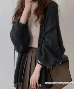 カーディガン | ニットミドル丈 レディース 羽織り ライトアウター 長袖 ニット セーター フロントボタン ボリューム 大きめ ゆったり パフスリーブ