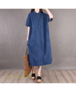 デニムワンピース | ワンピース シャツワンピース ロングデニムシャツワンピース 無地 膝丈 ゆったり 可愛い 半袖 カジュアル 夏コーデ 日常感 体型カバー 大人