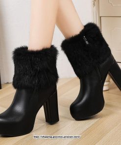 ブーツ | ショートレディース 10.5cmヒール ファー サイドジッパー 太めヒール 冬用 保温 防寒 あったか 疲れない オシャレ 歩きやすい 冬靴 痛くない