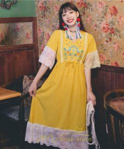 マキシ | ワンピース 七分袖 花と鳥 きれいめ ロング丈 レディース 夏 秋 レトロ 刺繍 レース Vネック エスニック風 リゾート　 イベント カジュアル お出かけ ボヘミアン