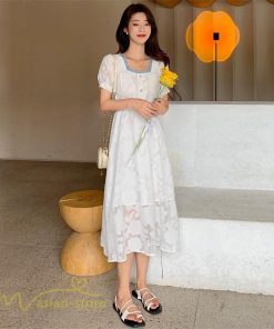 ミディアム | ワンピース レディース 着痩せ スクエアネック 上品 可愛い 半袖 ハイウエスト 透け感 Aラインワンピース 韓国風 20代 お出かけ 通勤通学 30代 きれいめ 40代