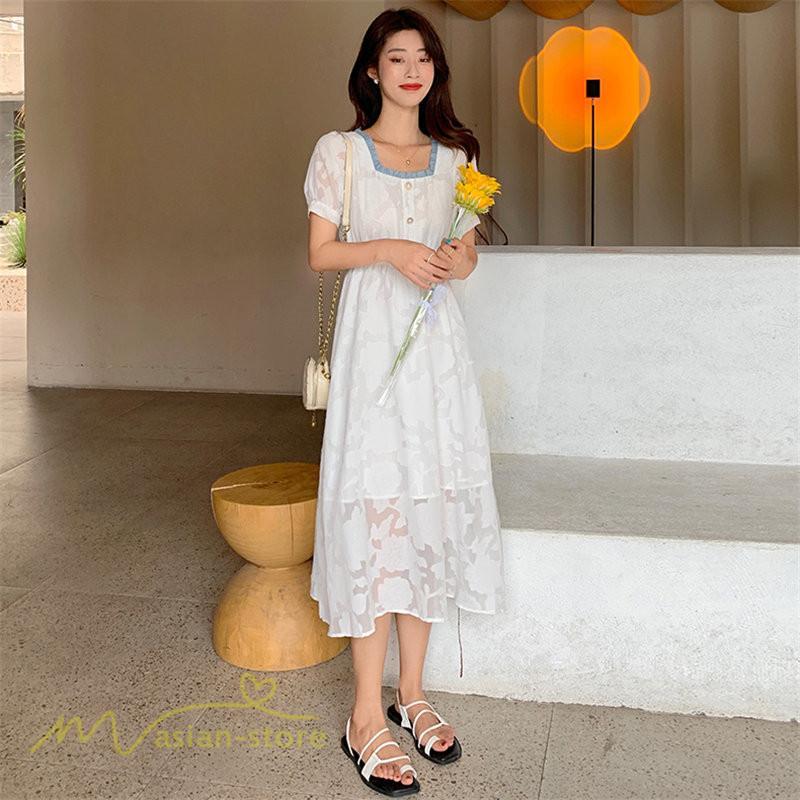 ミディアム | ワンピース レディース 着痩せ スクエアネック 上品 可愛い 半袖 ハイウエスト 透け感 Aラインワンピース 韓国風 20代 お出かけ 通勤通学 30代 きれいめ 40代