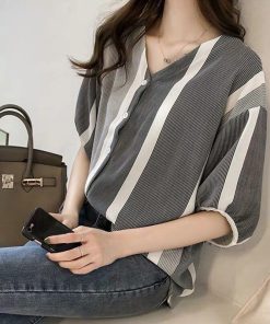 シャツ・ブラウス | ブラウス レディース 五分袖 薄手 ストライプシャツ トップス 羽織り 前開き 可愛い Vネック 40代 ブラウスシャツ 夏服 大人 20代30代