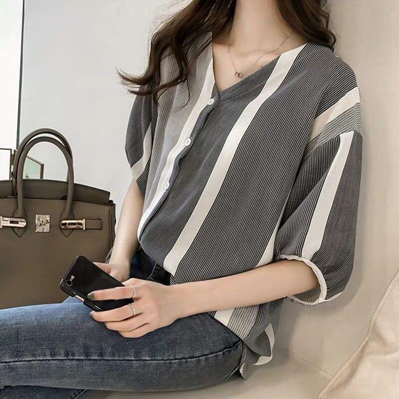 シャツ・ブラウス | ブラウス レディース 五分袖 薄手 ストライプシャツ トップス 羽織り 前開き 可愛い Vネック 40代 ブラウスシャツ 夏服 大人 20代30代