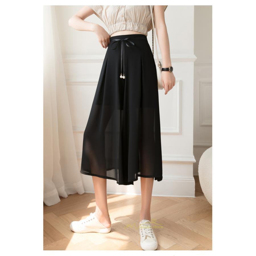 ワイドパンツ | ガウチョパンツ 無地 レディース ボトムス ハイウエスト ゆったり パンツ シフォンパンツ 涼しい 夏新作 さらさら カジュアル 30代40代 体型カバー