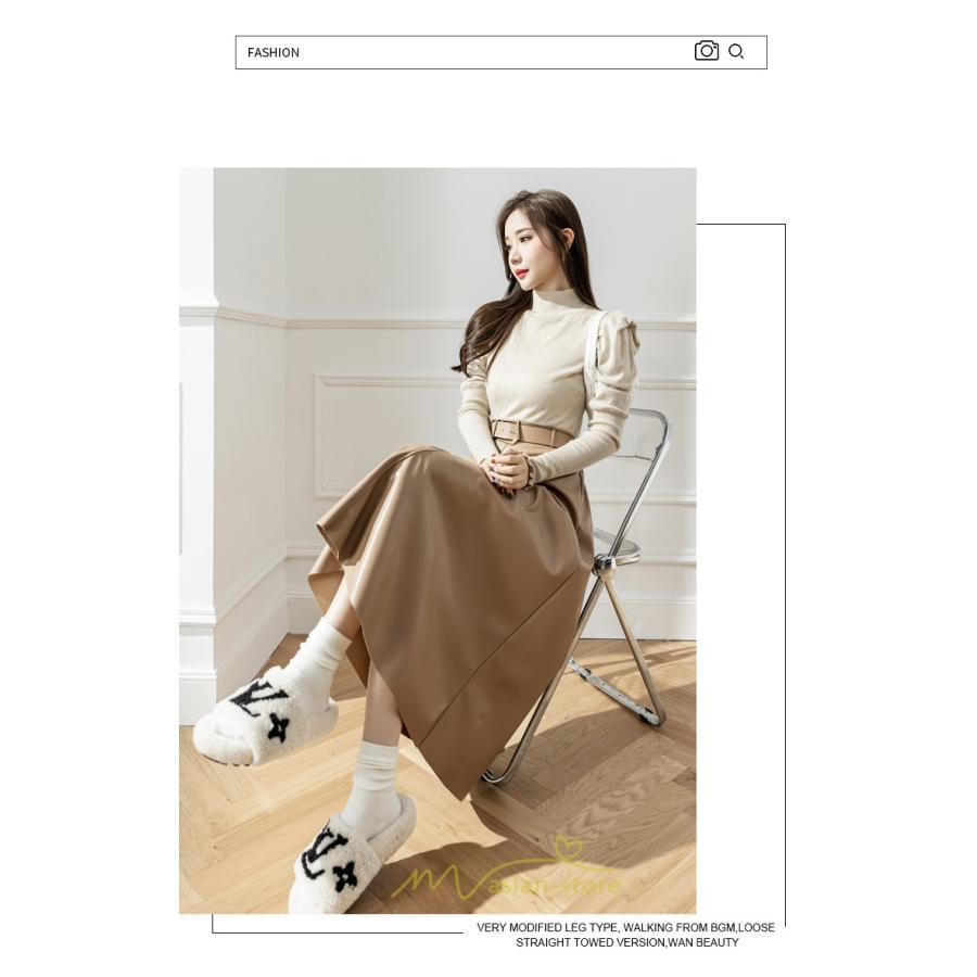 スカート | レザーフレアロング レディース ベルト付き ボトムス ロングAライン ミモレ丈 かっこいい 着痩せ キレイめ スリット