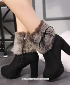 ブーツ | ショートレディース 10cmハイヒール ファー 冬用 保温防寒 太めヒール サイドジッパー あったか 痛くない オシャレ 冬靴 痛くない 歩きやすい