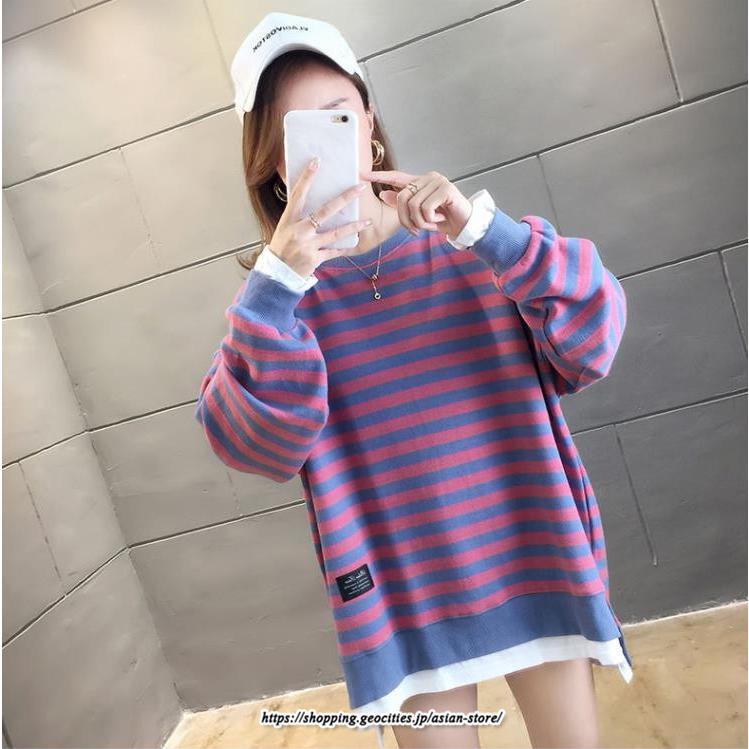 パーカー | 重ね着風トレーナー レディース 長袖 トップス カジュアル スウェット ボーダー柄 ゆったり トレーナー トップス 切り替え 可愛い きれいめ レイヤード風