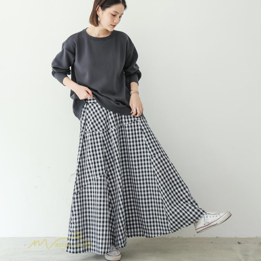 スカート | ロング夏新作 フレア切り替え チェック柄 20代30代 大人 40代50代 可愛い 60代 ゆったり 広い裾 ウエストゴム 6色 春 ダンス舞台 綿 春夏 秋