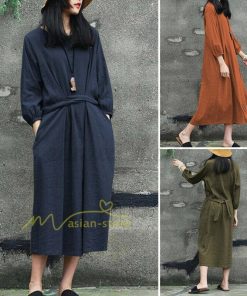 マキシ | 綿麻 リネン ワンピース ロング 長袖 無地 レディース ロング丈 体型カバー ゆったり 秋服 ファッション 着痩せ お出かけ カジュアル 20代30代40代 通勤通学