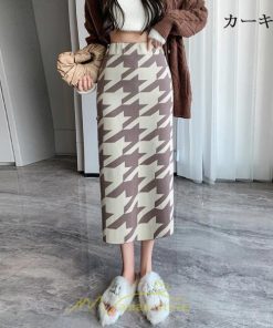 スカート | ロング 春秋冬 レディース ミモレ丈 ウエストゴム ハイウエスト Aライン 無地 きれいめ 大人 千鳥格柄 高見え 人気 SNS映え かっこいい 個性的
