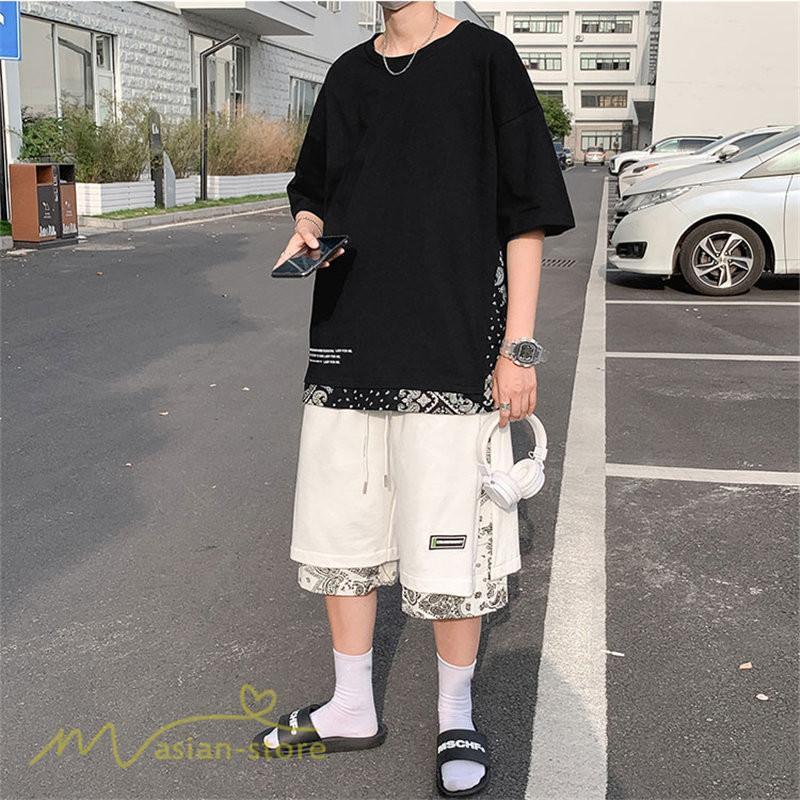 Tシャツ | Tシャツ メンズ 半袖 重ね着風 カジュアル半袖tシャツ 夏新作 メンズスタイル カットソー 上品 切り替え 2XL 大きいサイズ クルーネック 黒 白