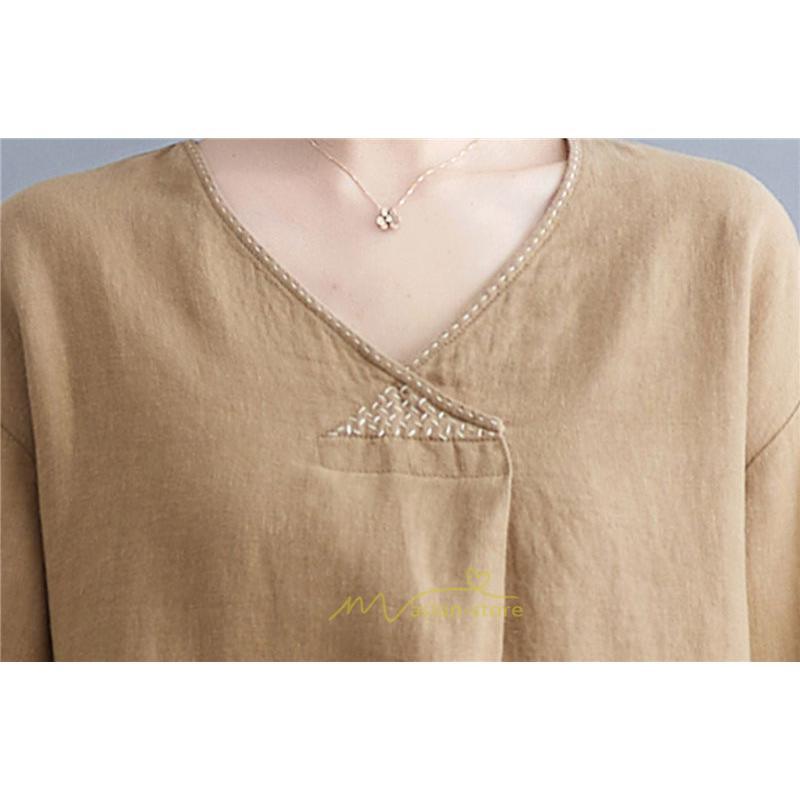 送料無料SALE | 夏ワンピース 五分袖 麻ワンピース Aラインワンピース 大きめ ゆったり 無地 Vネック ミモレ丈 ロングワンピース 女っぽい 通学通勤 30代40代 可愛い 大人