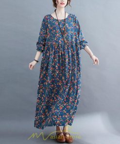 マキシ | ワンピース レディース 大きいサイズ 長袖 ロング丈 マキシ丈 丸首 コットン 花柄 青 夏 秋 体型カバー 着痩せ ゆったり ポケット 美シルエット 広がる裾 通勤