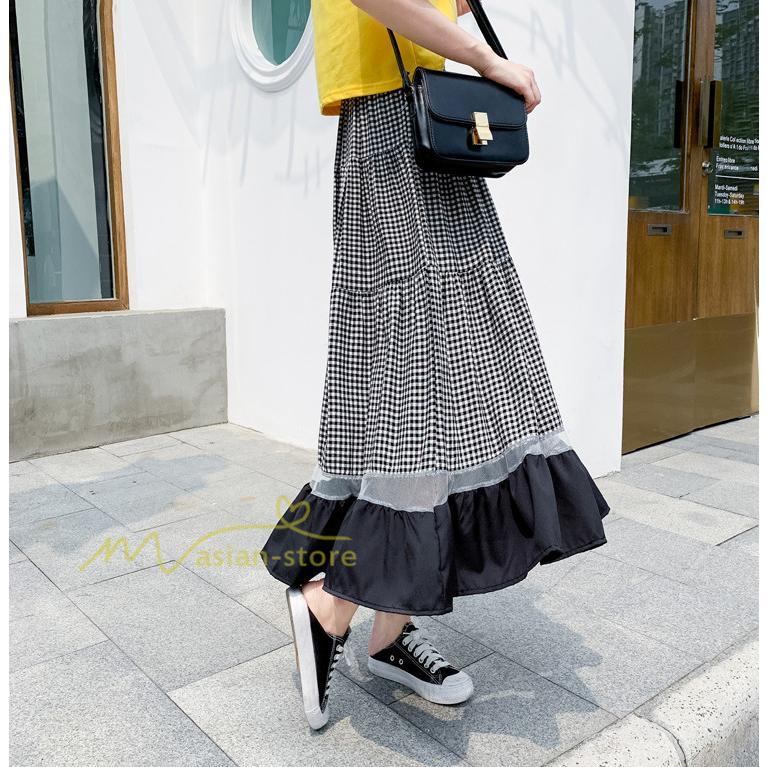 スカート | フレア ロング春物 レディース 春夏 チェック柄 ドッキング リゾート 体型カバー お出かけ 20代30代40代50代 着痩せ 通勤通学 カジュアル