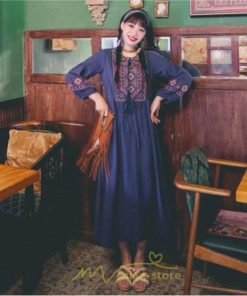 マキシ | ワンピース レディース 刺繍 綿麻 レトロ調 インスタ映え ナチュラル エスニック風 民族風 ボヘミアン 撮影 リゾート 柔らかい ウエストリボン長袖 イベント