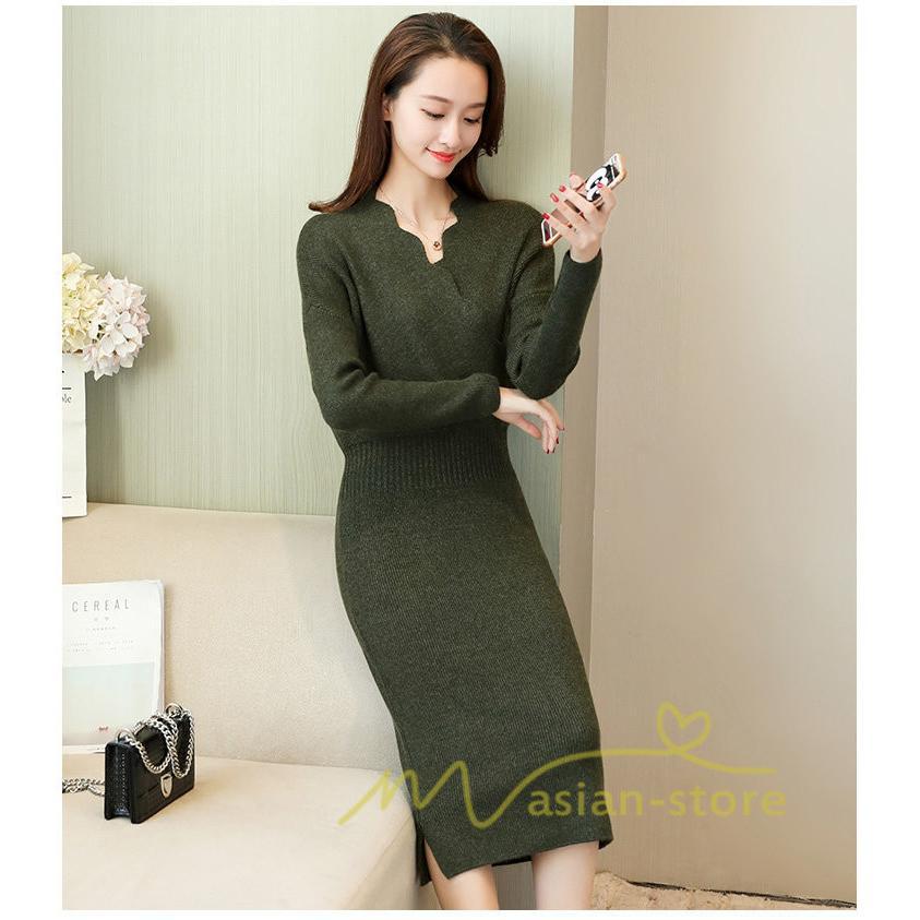 在庫ある | 短納期ニットワンピース 膝丈ワンピース タイトワンピース 長袖 インナー カットソー Vネック エレガント 着痩せ シルエット ビジネスオフィスフォーマル