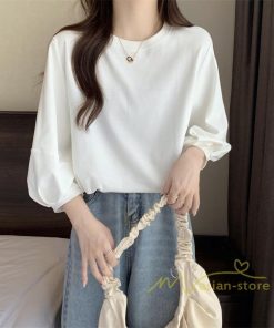 tシャツ・カットソー | 7分袖Tシャツ レディース Tシャツ 夏服 秋物 夏秋物 トップス 夏秋服 パフスリーブ ゆったり 無地 丸首 秋コーデ 春夏秋 可愛い 20代30代 40代50代 夏コーデ