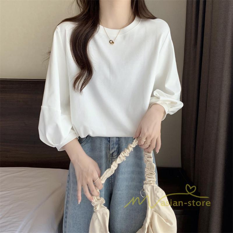 tシャツ・カットソー | 7分袖Tシャツ レディース Tシャツ 夏服 秋物 夏秋物 トップス 夏秋服 パフスリーブ ゆったり 無地 丸首 秋コーデ 春夏秋 可愛い 20代30代 40代50代 夏コーデ
