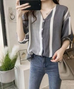 シャツ・ブラウス | ブラウス レディース 五分袖 薄手 ストライプシャツ トップス 羽織り 前開き 可愛い Vネック 40代 ブラウスシャツ 夏服 大人 20代30代