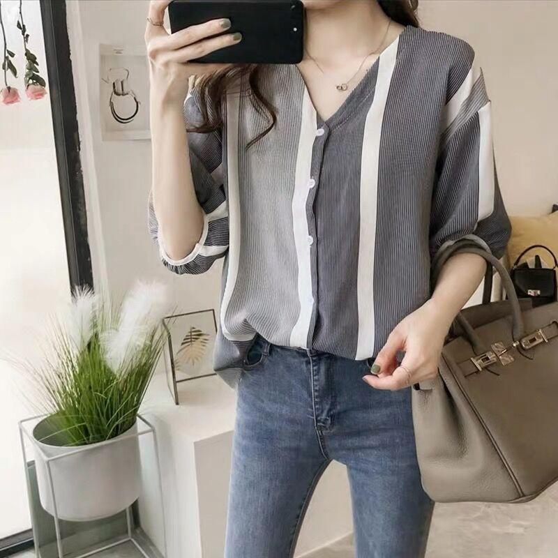 シャツ・ブラウス | ブラウス レディース 五分袖 薄手 ストライプシャツ トップス 羽織り 前開き 可愛い Vネック 40代 ブラウスシャツ 夏服 大人 20代30代