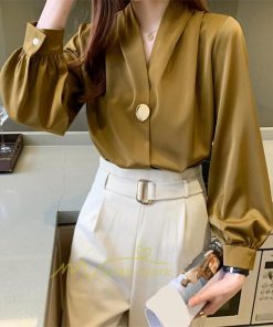 シャツ・ブラウス | ブラウス レディース 長袖ブラウス 春秋 オフィスブラウス 白vネック オシャレブラウス シフォントップス 韓国風 大人 上品 40代 ゆったりシャツ 通勤OL 50代