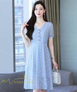 ミディアム | ワンピース レディース 着痩せ 半袖 Vネック カジュアル Aラインワンピース 大きいサイズ 上品 ドット柄 気質 春 新作 サマーワンピース 夏 おしゃれ