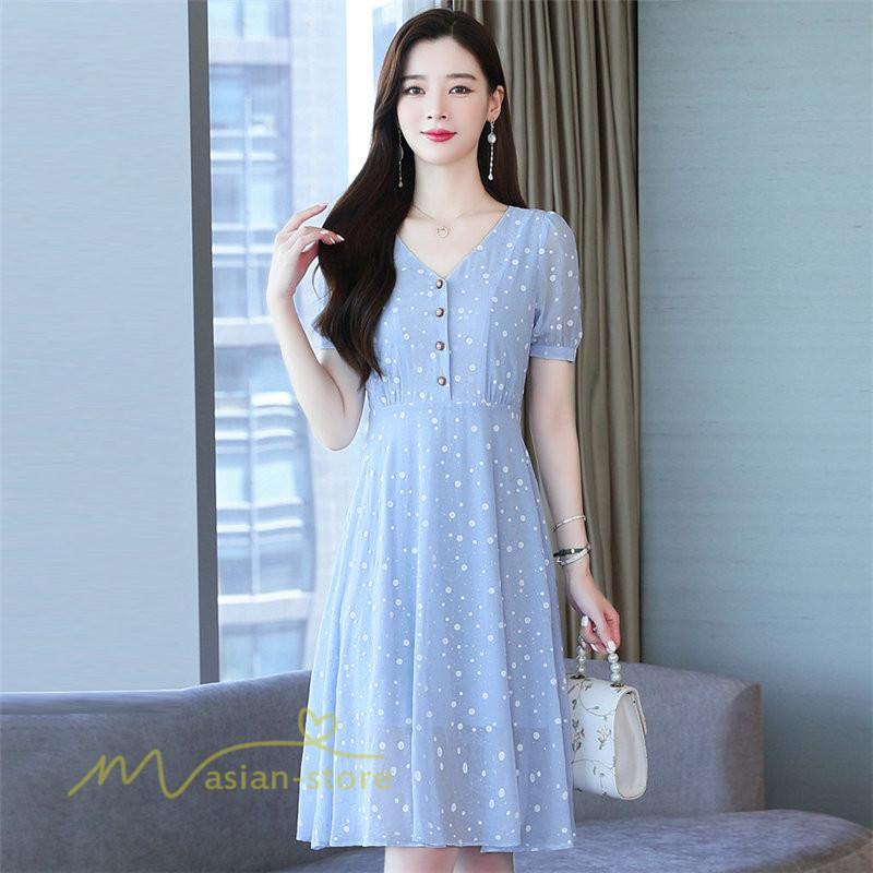 ミディアム | ワンピース レディース 着痩せ 半袖 Vネック カジュアル Aラインワンピース 大きいサイズ 上品 ドット柄 気質 春 新作 サマーワンピース 夏 おしゃれ