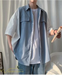 シャツ | ライトアウター メンズ ワイドカジュアル 切り替え トップス ゆったり 5分袖 韓国風 カッコウイイ ゆる夏コーデ オーバーサイズ 大きいサイズ