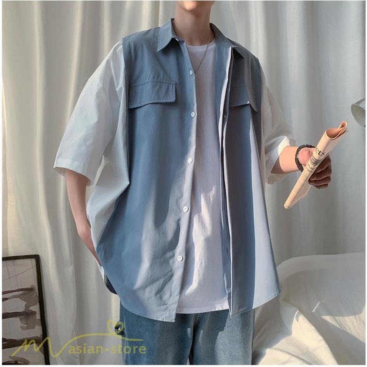 シャツ | ライトアウター メンズ ワイドカジュアル 切り替え トップス ゆったり 5分袖 韓国風 カッコウイイ ゆる夏コーデ オーバーサイズ 大きいサイズ