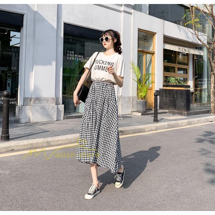 スカート | チェック柄 ロング丈 フレア ボトムス レディース 春 夏 秋 冬 体系カバー Aライン ウエストゴム おしゃれ 通勤 OL カジュアルブ無地 韓国風