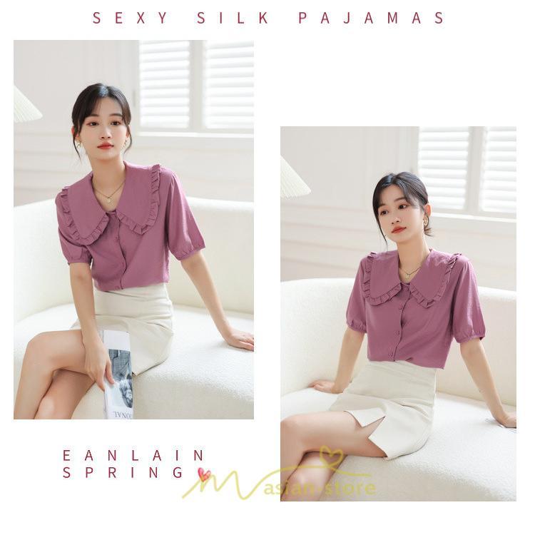 シャツ・ブラウス | ブラウス シフォン トップス レディース 白 紫 夏ブラウス シフォンブラウス 半袖 オフィス 春夏 クルーネック お出かけ 着痩せ 華奢見え フリル