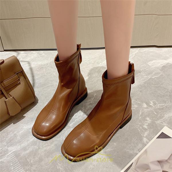 ショートブーツ | ブーツ レディース グランドトゥ 痛くない 歩きやすい 疲れない 滑りにくい 履きやすい ブラック オフホワイト カーキ ブラウン 22.5cm-25cm 黒