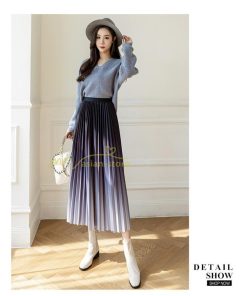 スカート | プリーツロングミモレ丈 グラデーションAラインウエストゴム ハイウエスト 秋冬 無地 ゆったり 大人 通学通勤