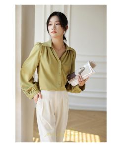 シャツ・ブラウス | ブラウス レディース シャツ トップス Vネック 長袖シャツ 無地 オフィス カジュアル おしゃれ 秋 冬 コーデ 高級感 シフォン エレガント 緑 白 通勤