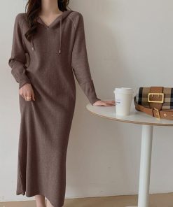 ニットワンピース | ワンピース 秋冬 リブニット ロングワンピース ミモレ丈 無地 フード付き 帽子 ストレッチ 大人 長袖 セーター 50代 20代30代 アウター 大人