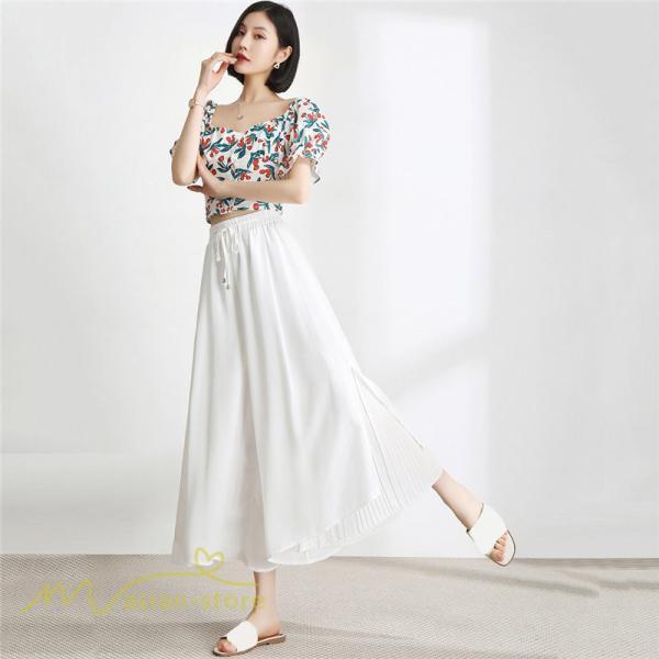 ワイドパンツ | キュロットスカート レディース 春夏新作 九分丈無地 ハイウエスト 体型カバーズボン 30代 40代 50代 ボトムス 通勤 着痩せ オシャレ