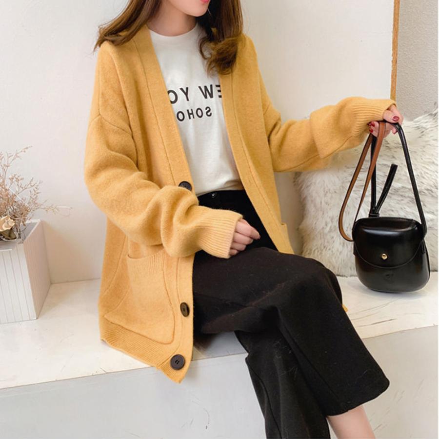 カーディガン | アウター ゆったりVネック ポケット付き 体型カバー 羽織 カーデトップス 無地 おしゃれ ニットレディース