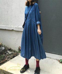 デニムワンピース | ゆるワンピース レディース デニム 長袖 レトロ風 可愛い Aラインワンピース フリーサイズ 丸首 体型カバー おしゃれ 秋 コーデ ゆったり