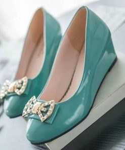 パンプス | ウェッジソールポインテッドトゥ 合皮レザー エナメル レディース ウェッジヒール ストラップなし スリップオン 緑 滑り止めソール 黒