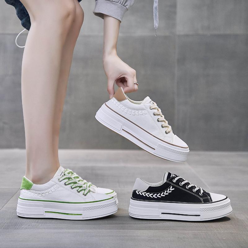 スニーカー | レディースシューズ レースアップ ローカット 厚底靴 履きやすい キャンバス カジュアルシューズ フラットシューズ
