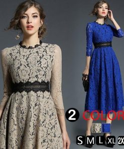 レースワンピース | ミモレフレアパーティードレス 結婚式二次会上品発表会入園式 袖あり七分袖 総レース 裏地あり エレガント シルエット フォーマル