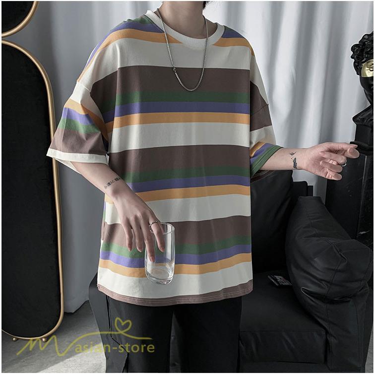Tシャツ | カットソー メンズ ストライプ カジュアルクルーネック 5分袖 ワイドトップス メンズスタイル カッコウイイ 夏服 上品 日常感