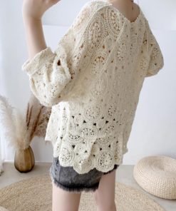 透かし編みトップス | レディース5分袖 トップス ブラウス プルオーバー シースルーカットソー 透け感 春夏 かぎ編み 透かし編み 花刺繍