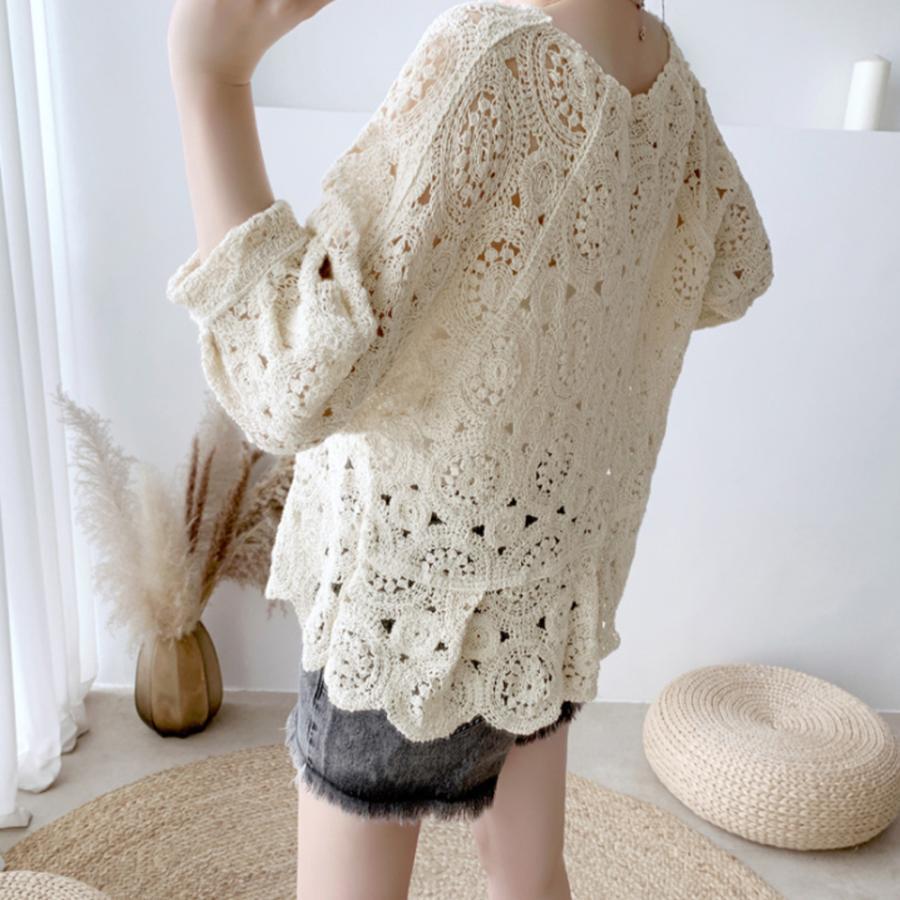 透かし編みトップス | レディース5分袖 トップス ブラウス プルオーバー シースルーカットソー 透け感 春夏 かぎ編み 透かし編み 花刺繍