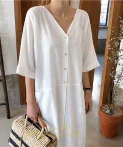 マキシ | ワンピース レディース 夏ワンピース 綿麻 五分袖 体型カバー 着痩せ 韓国風 30代 40代 50代 Vネック 通勤 OL デート キレイめ 新作 2022 お出かけ おしゃれ
