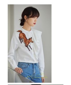 シャツ・ブラウス | ブラウス レディース オフィス 白 長袖 ビジネス カジュアル シャツ 刺繍 アニマル柄 動物柄 狐 個性的 冬 2022新作 秋 可愛い 上品 フェミニン