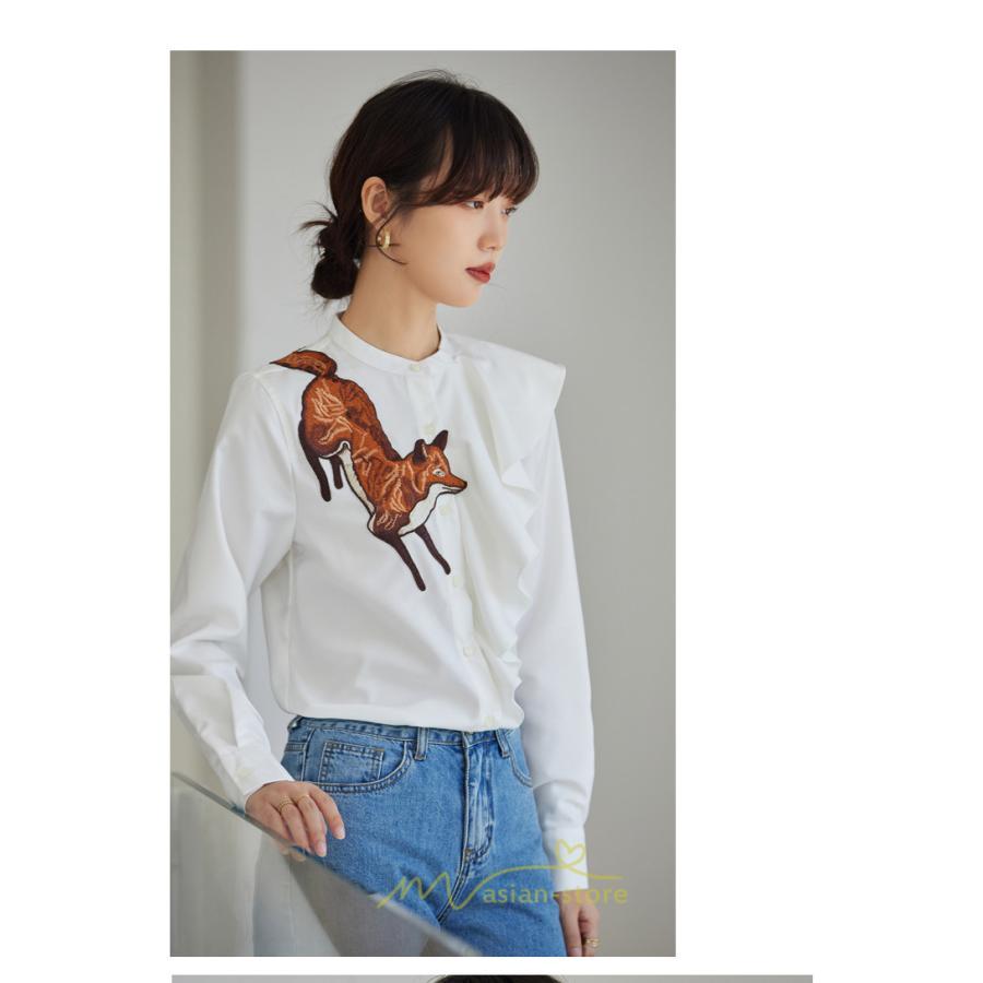 シャツ・ブラウス | ブラウス レディース オフィス 白 長袖 ビジネス カジュアル シャツ 刺繍 アニマル柄 動物柄 狐 個性的 冬 2022新作 秋 可愛い 上品 フェミニン