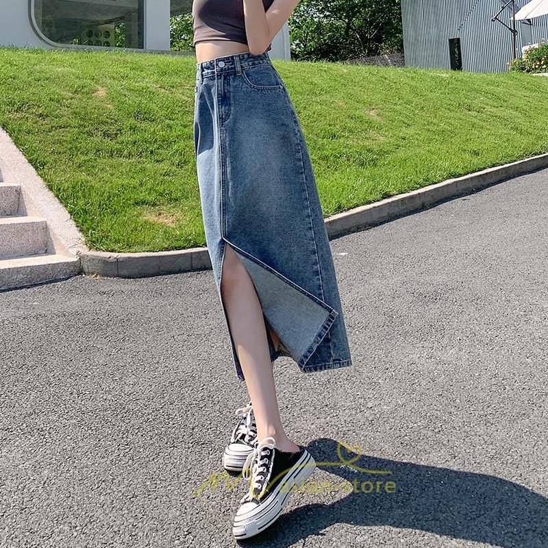 スカート | フロントスリット入れデニム秋物 レディース ロング丈 ハイウエスト タイトAライン美ライン 通学通勤 フェミニン 大人 おしゃれ