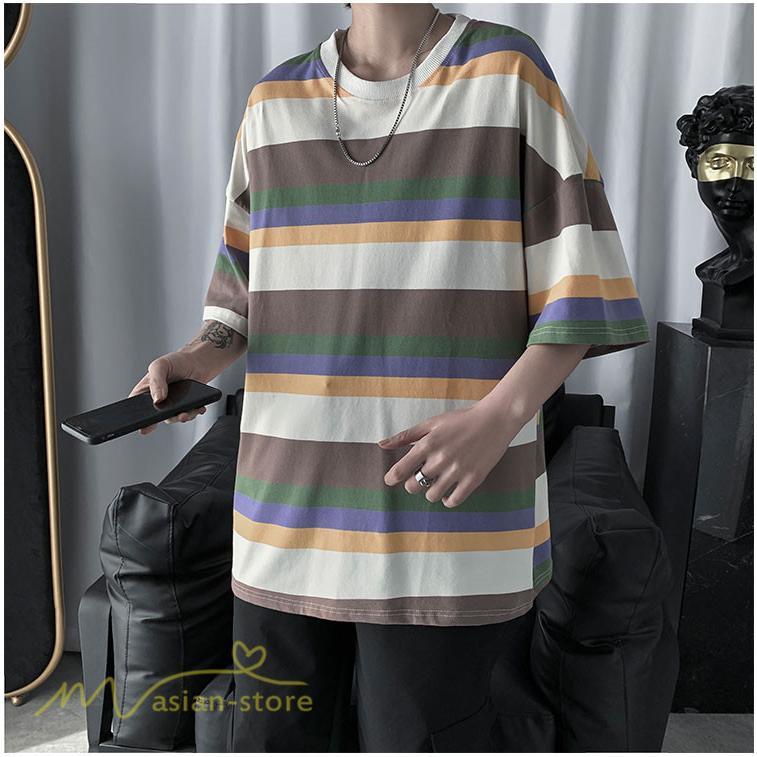 Tシャツ | カットソー メンズ ストライプ カジュアルクルーネック 5分袖 ワイドトップス メンズスタイル カッコウイイ 夏服 上品 日常感